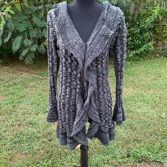 Boho Gray Black Ruffle Knit Cardigan Sweater L Layering Long Sleeve Bell Cuff - Picture 1 of 16